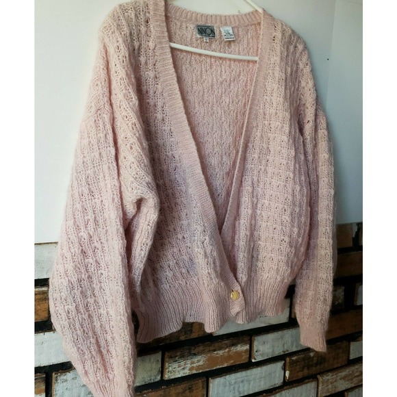 Vtg 80s Pink Ninon Fuzzy Knit Oversized Cardigan Sweater Size L - Picture 2 of 5